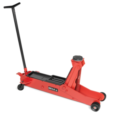 Macaco hidráulico de automóvel MEGA vermelho com rodas e alavanca preta