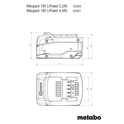 Desenho técnico de bateria recarregável Metabo com medidas e texto