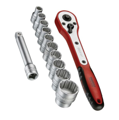 Jogo 3/8'' com 10 chaves de caixa sextavadas e roquete FRP