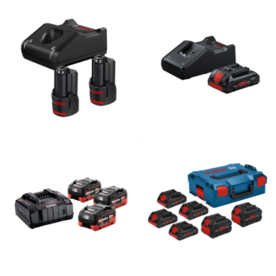 Conjuntos de baterias e carregadores Bosch e Metabo para ferramentas elétricas.
