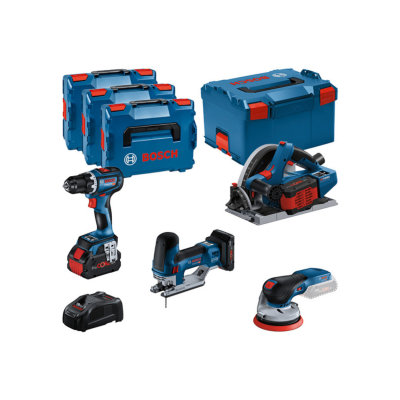 Aparafusadora + Lixadeira excêntrica + Serra vertical + Serra de imersão (KIT 18V BOSCH)