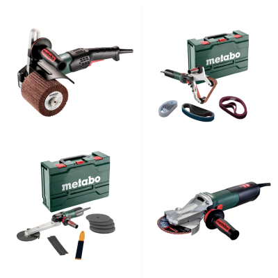 Ferramentas elétricas Metabo para lixar e polir com acessórios e caixas de transporte verdes.