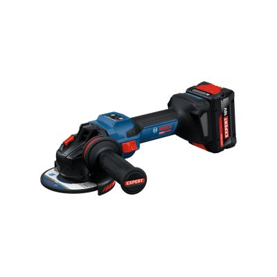 Esmerilhadora Bosch azul e preta com punho e bateria vermelha e preta