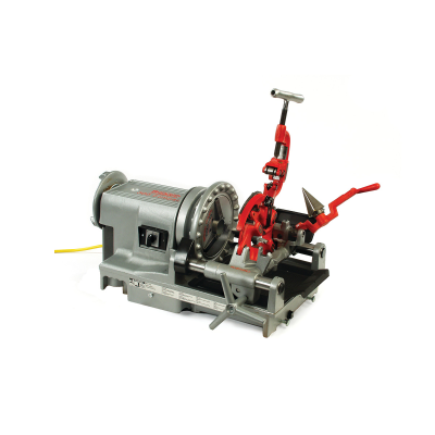 Máquina de cortar e desbobinar tubos cinzenta e vermelha com texto REED MAKER.