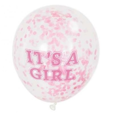6 Balões Latex 12'' com confettis 'It's a Girl' Rosa Claro