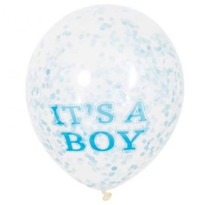 6 Balões Latex 12'' com confettis 'It's a Boy' Azul Claro