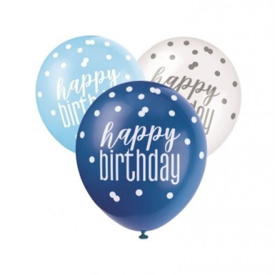 6 balões Látex 12'' Happy Birthday Azul & Branco