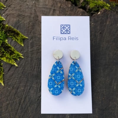 Brincos duplos oval azulejo azul