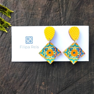 Brincos duplos quadrado e gota c/azulejo