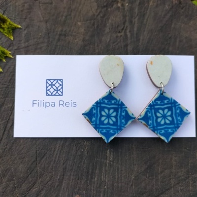 Brincos duplos quadrado e gota c/azulejo