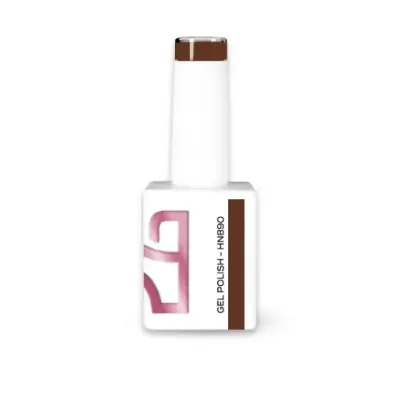 Frasco de verniz gel para unhas branco com detalhes marrons e rosa.