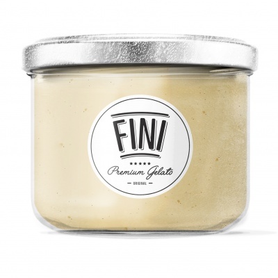 Frasco transparente com gelado creme e etiqueta 'FINI Premium Gelato'