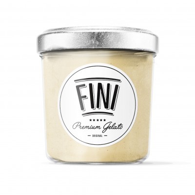 Frasco transparente com gelado e etiqueta FINI Premium Gelato