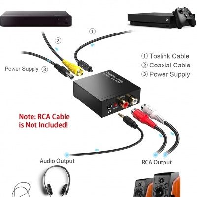 Conversor de Áudio Digital para Analógico - Ótico para RCA com Cabo Ótico e Adaptador de Energia