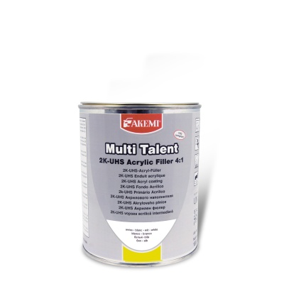 Lata de tinta ou verniz Akemi Multi Talent 2K-UHS Acrylic Filler 4:1 cinza com etiqueta amarela