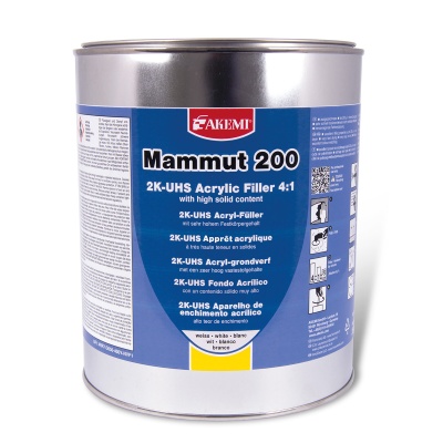 Lata prateada de filler acrílico Akemi Mammut 200 com rótulos azul, branco e amarelo