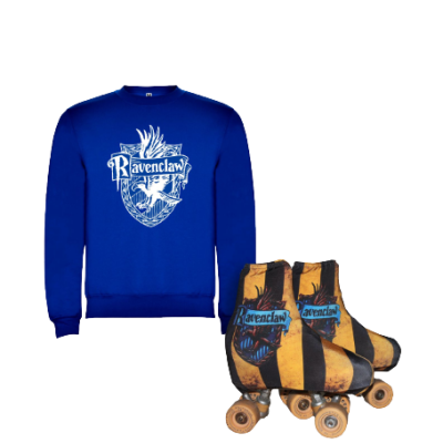 Camisola azul com emblema Ravenclaw e patins amarelos e pretos com texto Ravenclaw
