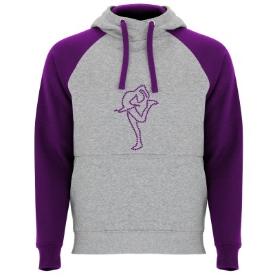 Sweatshirt cinza claro com mangas roxas e padrão bordado roxo ao centro
