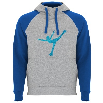 Camisola com capuz cinza e azul com desenho azul de patinadora