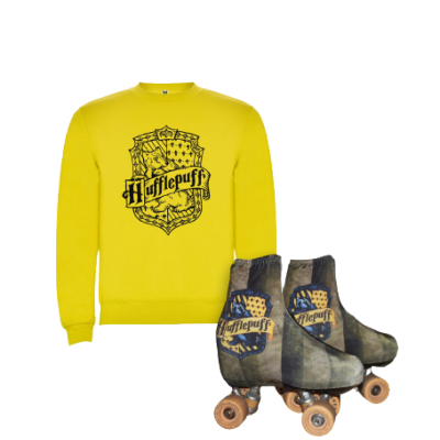 Sweatshirt amarela com patins de rodas cinza com escudo Hufflepuff