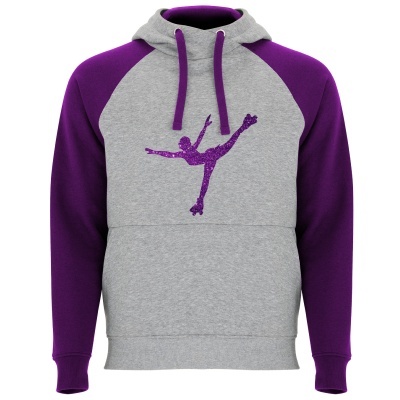 Sweatshirt cinzenta com mangas roxas e estampa de figura feminina roxa patinando.