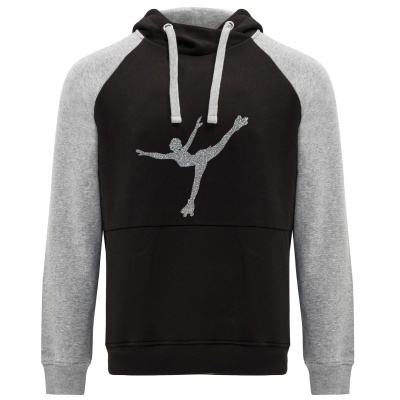 Sweatshirt preta com mangas cinzentas e figura de patinagem no gelo