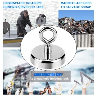 Íman redondo metálico com argola e imagens e textos sobre usos em caça ao tesouro e construção