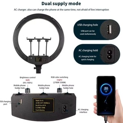 Anel luz RGB ringlight 48cm com tripé e comando 18"