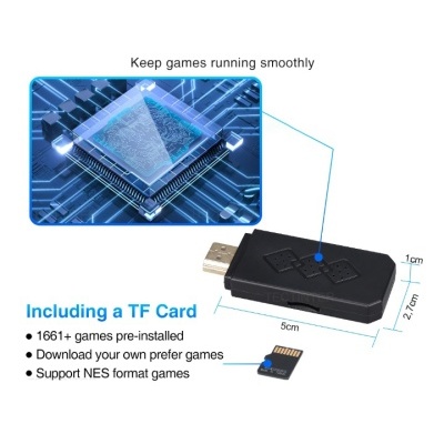 Dispositivo USB preto com botões de jogo e cartão TF com texto promocional ao lado