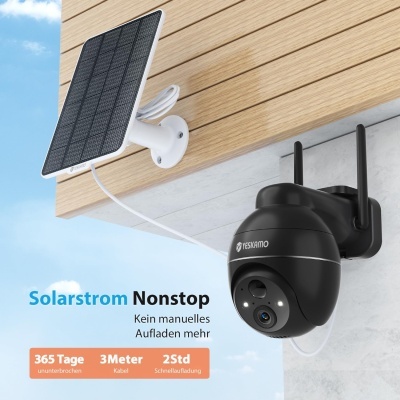 Câmara vigilância preta 360º áudio bidirecional solar rotativa 2K wi-fi PTZ