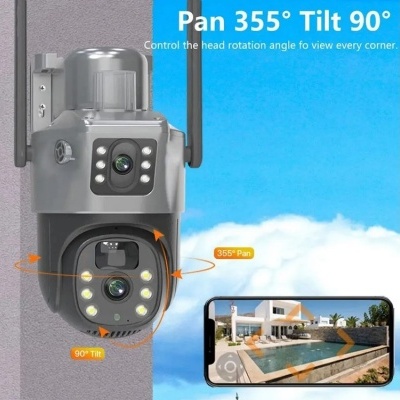 Câmara de segurança cinzenta montada na parede com antenas e imagem de monitorização num telemóvel