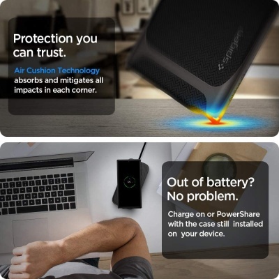 Carregador portátil preto Spigen com tecnologia Air Cushion e texto informativo em ambiente doméstico