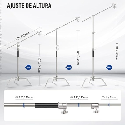 Tripé inox suporte C resistente altura 320 cm extensão com braço de fixação 128 cm