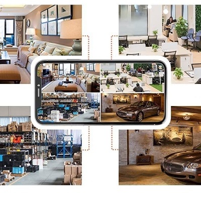 Colagem de imagens mostrando sala, escritório, armazém, smartphone e garagem com carro