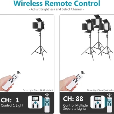 Controle remoto sem fios para luzes de estúdio com tripé, texto sobre canais e controle de luzes.