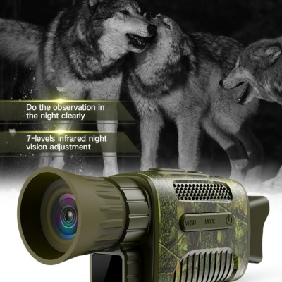Dispositivo de visão noturna infravermelho com camuflado e lobos ao fundo