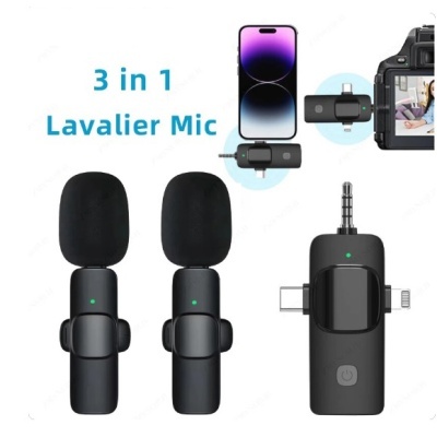 Microfone lavalier 3 em 1 para iOS/Android lapela plug & play Auto-Sync