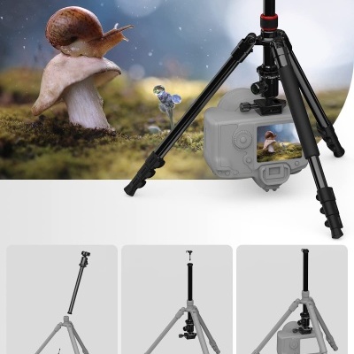 Tripé preto ajustável com câmara pendurada e imagem de caracol em cogumelo