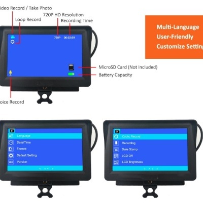 Monitores digitais com menus azuis e texto em inglês, incluindo funcionalidades de gravação e resolução 720P.