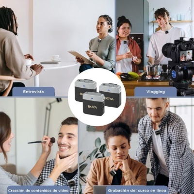 Microfones BOYA sem fio em diferentes contextos de gravação de vídeo e áudio