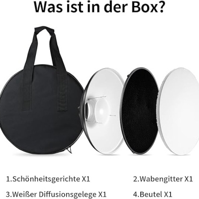 Estojo redondo preto com acessórios de iluminação fotográfica e texto em alemão
