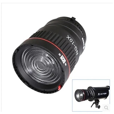 Lente preta para luz de estúdio com texto NG-10X e símbolo de câmera