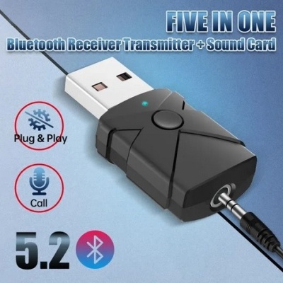 5 em 1 USB Bluetooth 5.2 Receptor Transmissor Adaptador de áudio sem fio 3.5mm