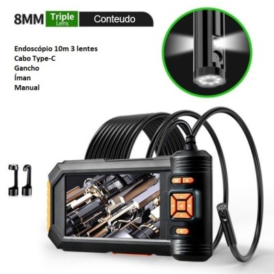 Endoscópio 3 lentes com monitor 5 polegadas, 1080P 10 metros semi-rigido