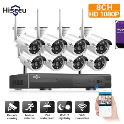 Sistema Wi-FI video vigiIância 3MP kit CCTV Hiseeu 8CH 8 câmaras + NVR app