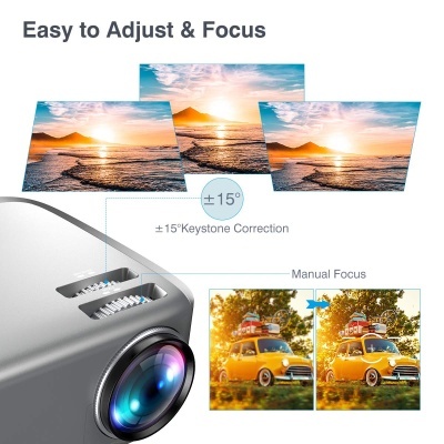 Projetor cinzento com ajuste de foco manual e correção trapezoidal