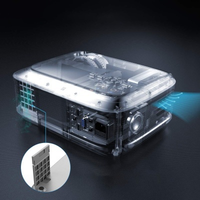 Projetor transparente mostrando componentes internos e saída de luz azul