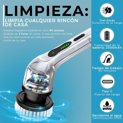 Escova elétrica de limpeza transparente com luzes azuis e cerdas brancas sobre fundo azul