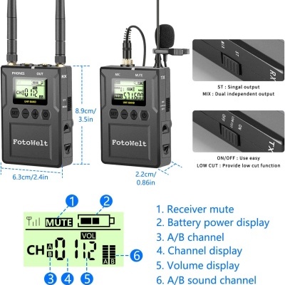 Microfone sem fios 2 emissores 1 receptor UHF