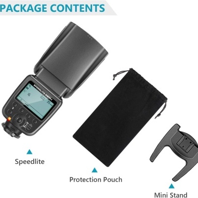 Conteúdo da embalagem com Speedlite, bolsa protetora e mini tripé
